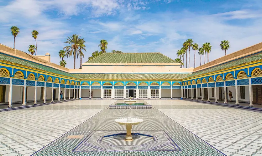 Ornate tilework in a Bahia Palace courtyard in Marrakech