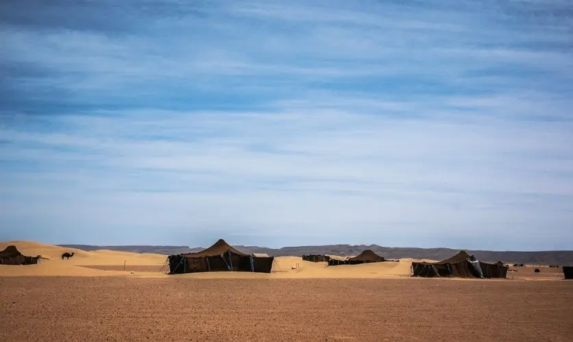 Desert camp tents near Zagora, the kind of camp included in Morocco desert tours