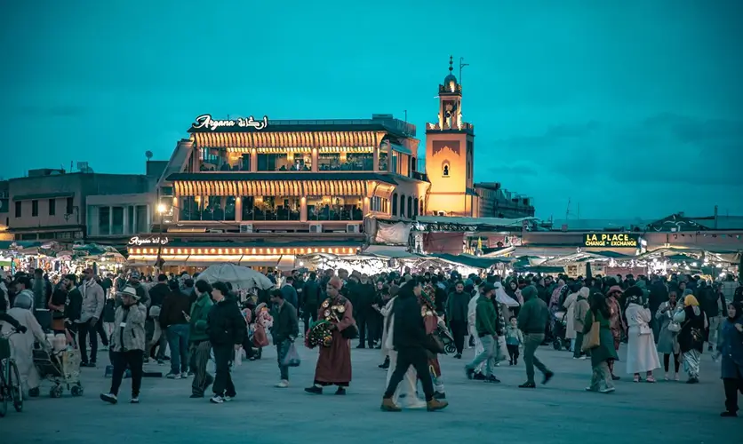 Evening crowds gathering in Jemaa el-Fna square in Marrakech