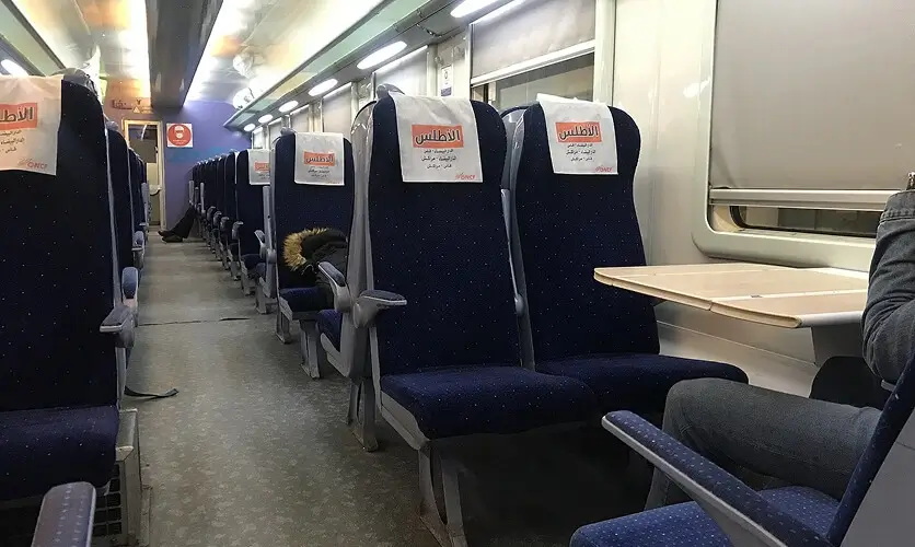 Seats inside an ONCF intercity train in Morocco